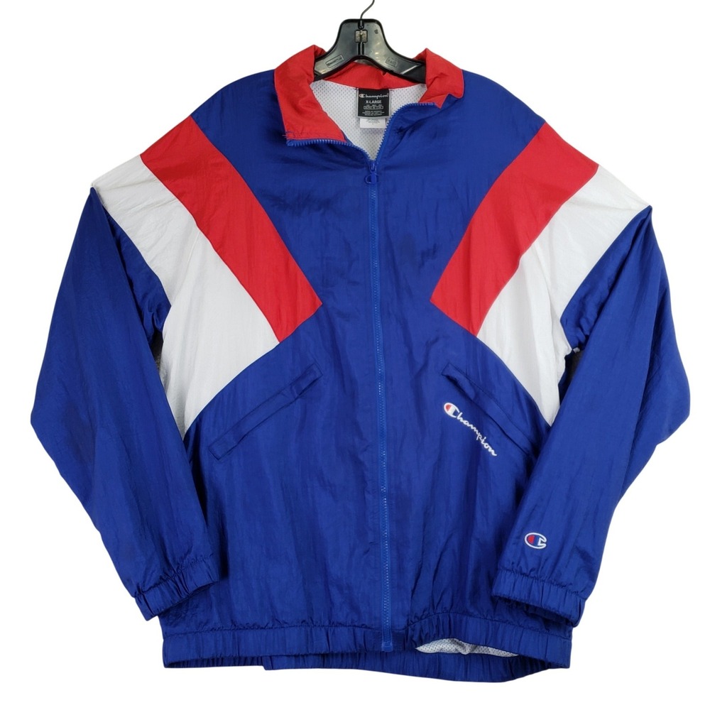 Vintage 90s Champion Windbreaker Jacket Mens XL Blue Red Colorblock Retro
